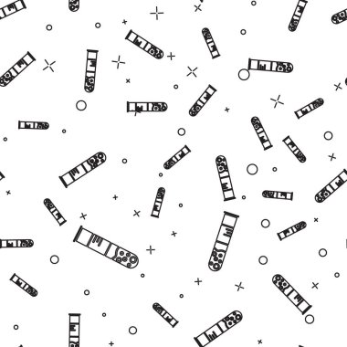 Siyah çizgi test tüpü ve matara kimyasal test ikonu beyaz arka planda izole edilmiş pürüzsüz desen. Laboratuvar cam levhası. Vektör İllüstrasyonu