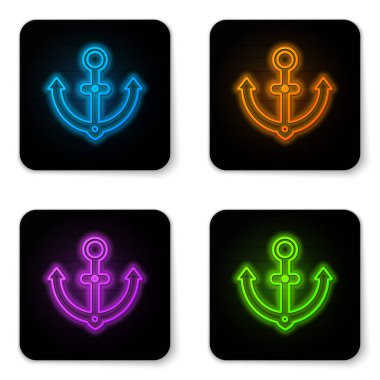 Parlayan neon anchor simgesi beyaz arkaplanda izole edildi. Siyah kare düğme. Vektör İllüstrasyonu