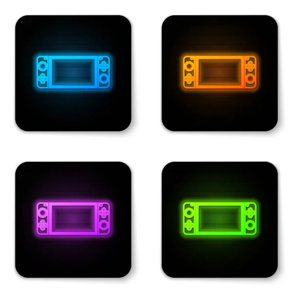 Ragyogó neon hordozható videojáték konzol ikon elszigetelt fehér alapon. Gamepad jel. Játékkoncepció. Fekete négyzet gomb. Vektorillusztráció — Stock Vector