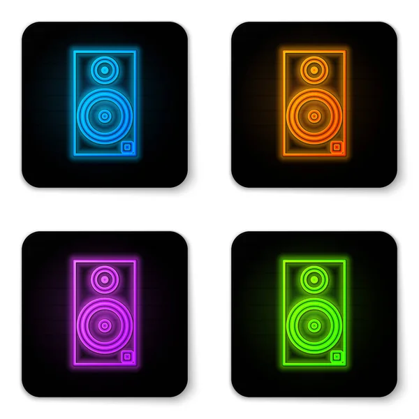 Glowing neon Stereo speaker icon isolated on white background. Sound system speakers. Music icon. Musical column speaker bass equipment. Black square button. Vector Illustration — Stock Vector