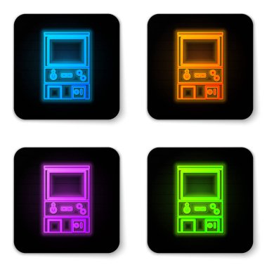 Parlayan neon Retro oyun makinesi simgesi beyaz arkaplanda izole edildi. Siyah kare düğme. Vektör İllüstrasyonu