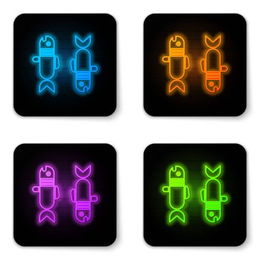 Parlayan neon balığı burç simgesi beyaz arkaplanda izole edilmiş. Astrolojik yıldız falı koleksiyonu. Siyah kare düğme. Vektör İllüstrasyonu