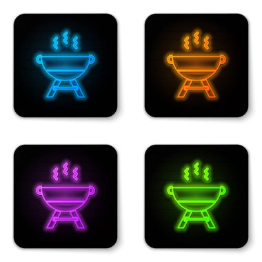 Beyaz arka plan üzerinde izole parlayan neon Barbekü ızgara simgesi. Barbekü ızgara partisi. Siyah kare düğme. Vektör İllüstrasyonu