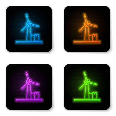 Parlayan neon rüzgar türbini simgesi beyaz arkaplanda izole edildi. Rüzgar jeneratörü işareti. Elektrik üretimi için yel değirmeni. Siyah kare düğme. Vektör İllüstrasyonu