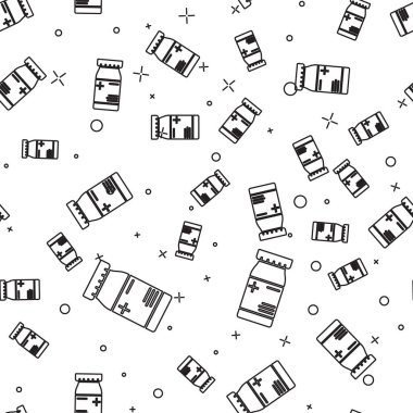 Siyah çizgi ilaç şişesi ve ilaç ikonu beyaz arka planda izole edilmiş kusursuz desen. Şişe hapı işareti. Eczane tasarımı. Vektör İllüstrasyonu