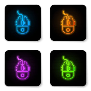 Parlayan neon bilgisayar fare oyun simgesi beyaz arkaplanda izole edildi. Tekerlek sembollü optik. Siyah kare düğme. Vektör İllüstrasyonu