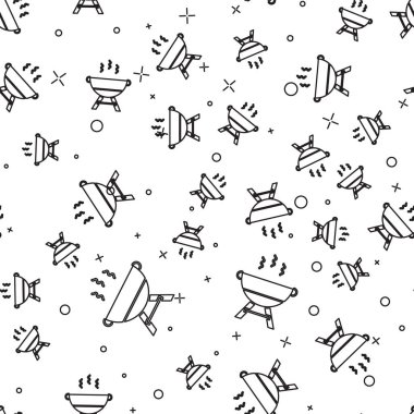 Siyah çizgi barbekü ikonu beyaz arka planda izole edilmiş pürüzsüz desen. Barbekü ızgara partisi. Vektör İllüstrasyonu