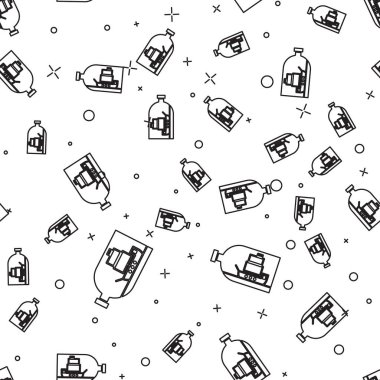 Siyah çizgili cam şişe, beyaz arka planda izole edilmiş bir gemi ikonu var. Deniz gemisinin minyatür modeli. Hobi ve deniz teması. Vektör İllüstrasyonu