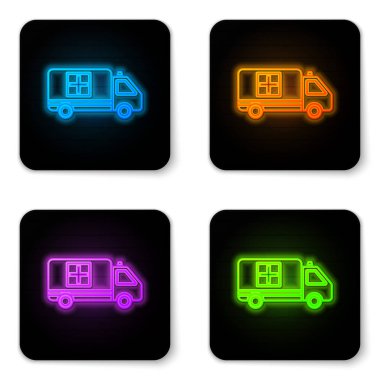 Parlayan neon ambulans ve acil durum ikonu beyaz arka planda izole edildi. Ambulans aracı tıbbi tahliye. Siyah kare düğme. Vektör İllüstrasyonu