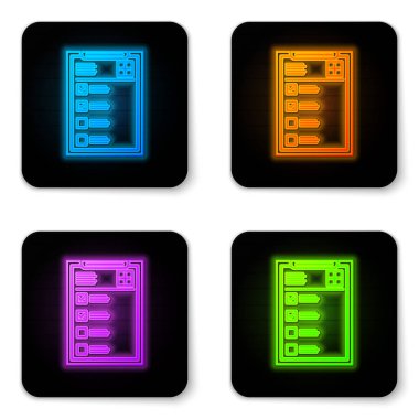 Beyaz arka plan üzerinde izole klinik kayıt simgesi ile Parlayan neon Tıbbi pano. Sağlık sigortası formu. Reçete, tıbbi kontrol izleri raporu. Siyah kare düğme. Vektör İllüstrasyonu