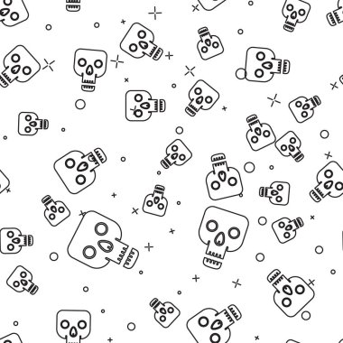 Siyah çizgi Kurukafa simgesi beyaz arka planda kusursuz desen izole etti. Mutlu Cadılar Bayramı Partisi. Vektör İllüstrasyonu