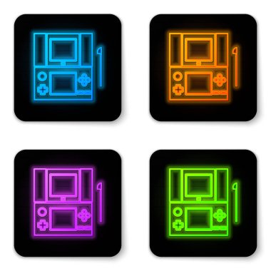 Parlayan neon portatif oyun konsol simgesi beyaz arkaplanda izole edildi. Av alanı tabelası. Oyun konsepti. Siyah kare düğme. Vektör İllüstrasyonu