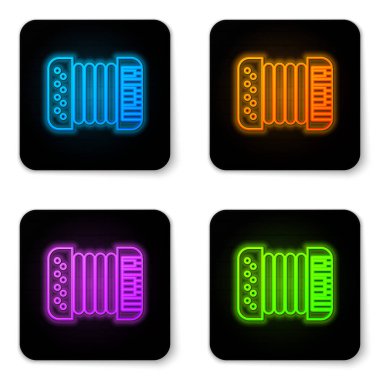 Parlayan neon müzik aleti akordeon simgesi beyaz arkaplanda izole edildi. Klasik bayan, harmonik. Siyah kare düğme. Vektör İllüstrasyonu