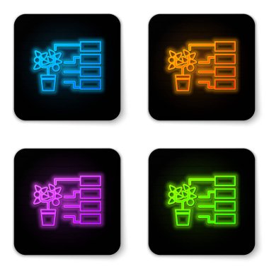 Parlayan neon çiçeği analiz simgesi beyaz arkaplanda izole edildi. Siyah kare düğme. Vektör İllüstrasyonu