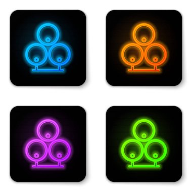 Parlayan neon ahşap varil ikonu beyaz arka planda izole edildi. Alkol fıçısı, içki kabı, bira için tahta fıçı, viski, şarap. Siyah kare düğme. Vektör İllüstrasyonu