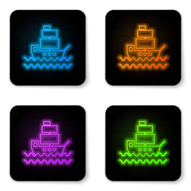 Beyaz arka planda izole parlayan neon Gemi simgesi. Siyah kare düğme. Vektör İllüstrasyonu