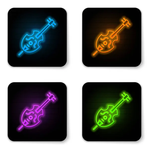 Leuchtende Neon-Geigen-Ikone isoliert auf weißem Hintergrund. Musikinstrument. schwarzer quadratischer Knopf. Vektorillustration — Stockvektor