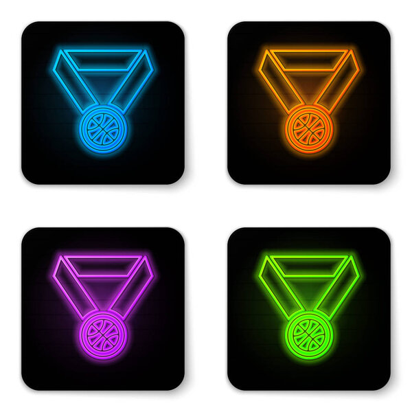 Glowing neon Basketball medal with ribbon icon isolated on white background. Black square button. Vector Illustration