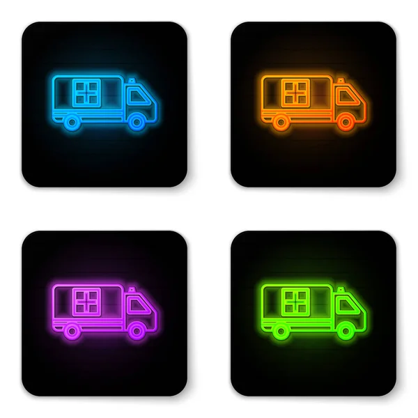 Glowing neon Ambulance and emergency car icon isolated on white background. Ambulance vehicle medical evacuation. Black square button. Vector Illustration — 스톡 벡터