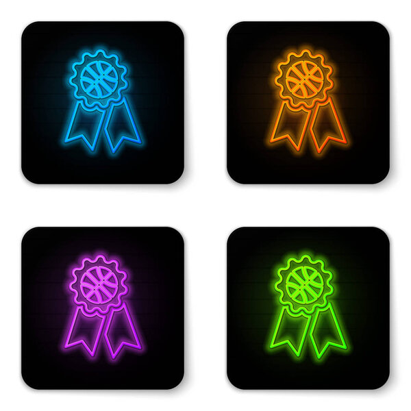Glowing neon Basketball award icon isolated on white background. Black square button. Vector Illustration