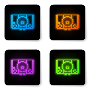 Parlayan neon oyun konsolu simgesi beyaz arkaplanda izole edildi. Siyah kare düğme. Vektör İllüstrasyonu