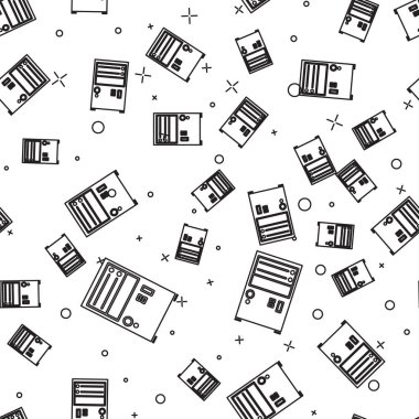 Siyah çizgi Bilgisayar simgesi beyaz arkaplandaki kusursuz deseni izole etti. Bilgisayar bileşeni işareti. Vektör İllüstrasyonu