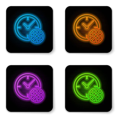 Beyaz arka planda izole edilmiş, içinde basketbol topu olan parlak neon saat. Basketbol zamanı. Spor ve antrenman. Siyah kare düğme. Vektör İllüstrasyonu