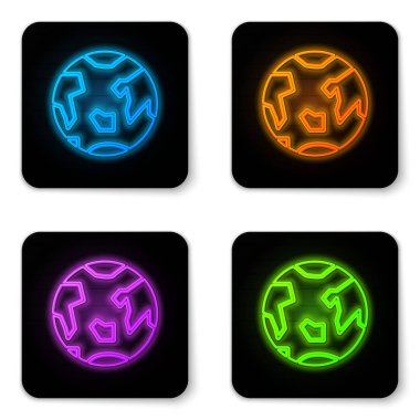 Parlayan neon renkli Dünya ikonu beyaz arka planda izole edildi. Siyah kare düğme. Vektör İllüstrasyonu