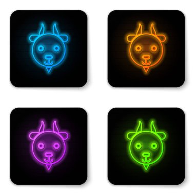 Parlayan neon rengi Koç burcu simgesi beyaz arkaplanda izole edilmiş. Astrolojik yıldız falı koleksiyonu. Siyah kare düğme. Vektör İllüstrasyonu