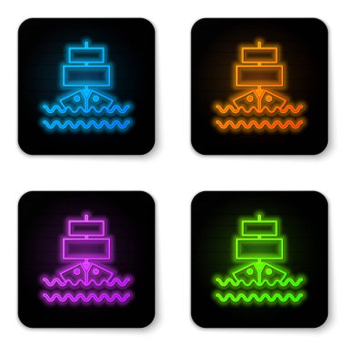 Beyaz arka planda izole parlayan neon Gemi simgesi. Siyah kare düğme. Vektör İllüstrasyonu