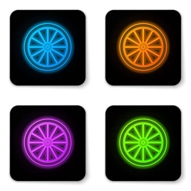 Parlayan neon araba tekerleği simgesi beyaz arka planda izole edildi. Siyah kare düğme. Vektör İllüstrasyonu