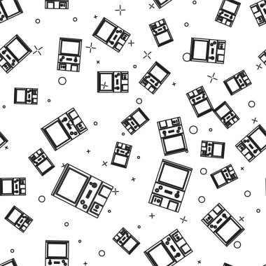 Siyah çizgi Retro oyun makinesi simgesi beyaz arkaplanda izole edilmiş kusursuz desen. Vektör İllüstrasyonu