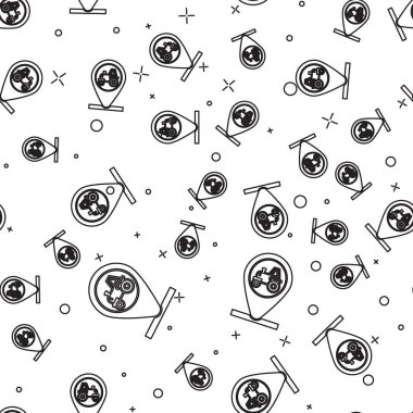 Siyah çizgi traktörü ve konum simgesi beyaz arka planda izole edilmiş kusursuz desen. Vektör İllüstrasyonu