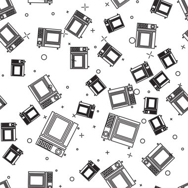 Siyah çizgi mikrodalga fırın ikonu beyaz zemin üzerinde izole edilmiş pürüzsüz desen. Ev aletleri simgesi. Vektör İllüstrasyonu