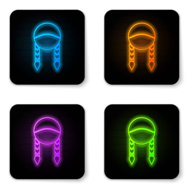 Parlayan neon rengi Braid simgesi beyaz arkaplanda izole edildi. Siyah kare düğme. Vektör İllüstrasyonu