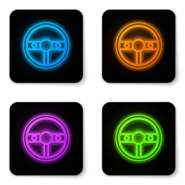 Beyaz arka planda izole parlayan neon Direksiyon simgesi. Araba tekerleği simgesi. Siyah kare düğme. Vektör İllüstrasyonu