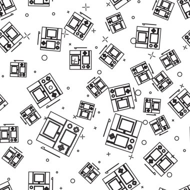 Siyah çizgi taşınabilir video oyun konsolu simgesi beyaz arkaplanda izole edilmiş pürüzsüz desen. Av alanı tabelası. Oyun konsepti. Vektör İllüstrasyonu