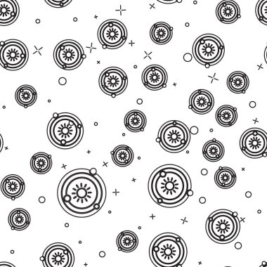 Siyah çizgi güneş sistemi simgesi beyaz arkaplanda izole edilmiş kusursuz desen. Gezegenler yıldızın etrafında dönerler. Vektör İllüstrasyonu