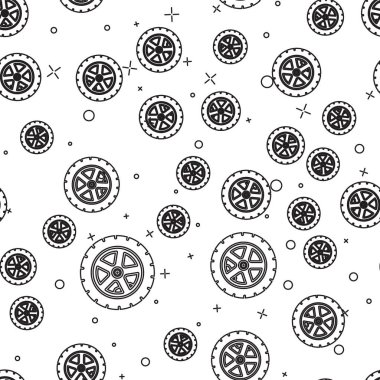 Siyah çizgi araba tekerleği ikonu beyaz arka planda izole edilmiş pürüzsüz desen. Vektör İllüstrasyonu