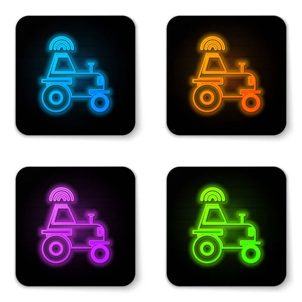 Glowing neon Self driving wireless tractor on a smart farm icon isolated on white background. Smart agriculture implement element. Black square button. Vector Illustration — 스톡 벡터