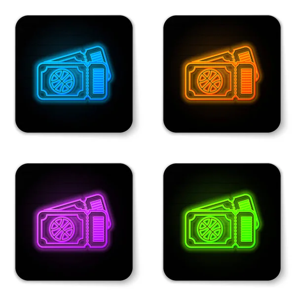 Glowing neon Basketball game ticket icon isolated on white background. Black square button. Vector Illustration — ストックベクタ