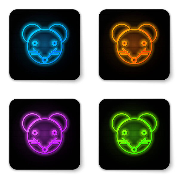 Glowing neon Rat zodiac sign icon isolated on white background. Astrological horoscope collection. Black square button. Vector Illustration