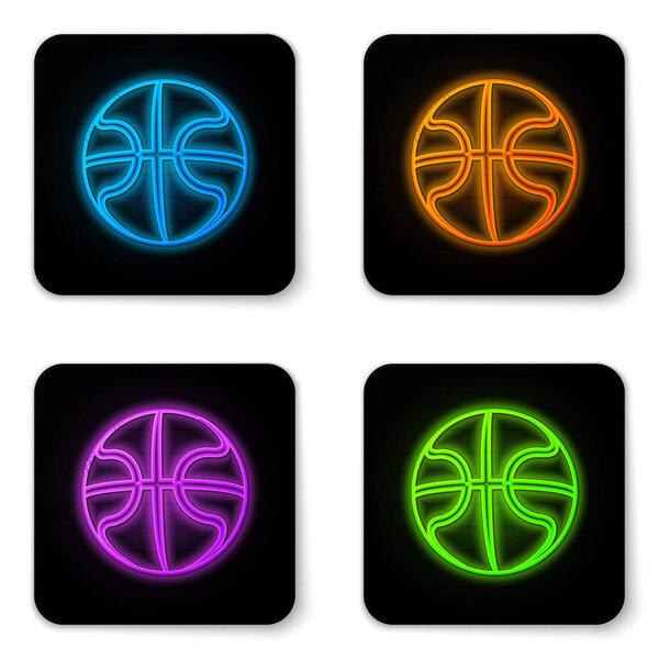 Glowing neon Basketball ball icon isolated on white background. Sport symbol. Black square button. Vector Illustration