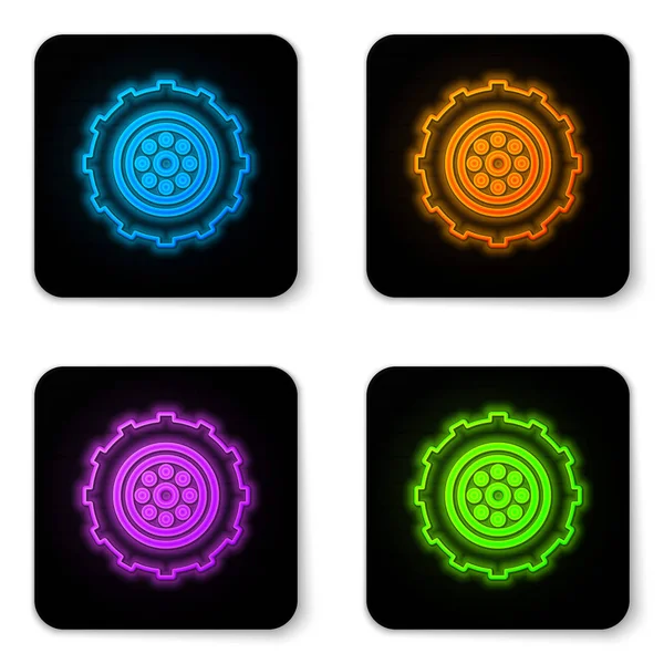 Glowing neon Car wheel icon isolated on white background. Black square button. Vector Illustration — Stock Vector