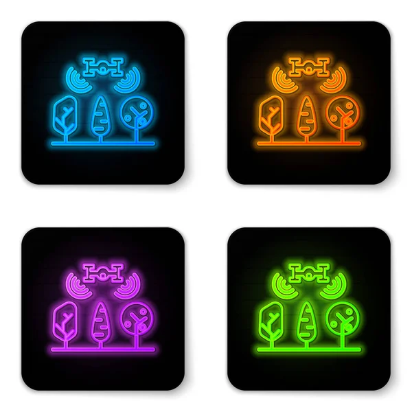 Beyaz zemin üzerinde İHA kontrolü ve ağaç simgesi olan parıldayan neon akıllı çiftlik. Tarım şirketi için icat teknolojisi. Siyah kare düğme. Vektör İllüstrasyonu