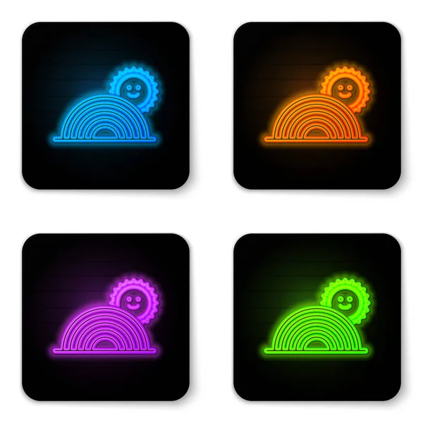 Glowing neon Rainbow with sun icon isolated on white background. Black square button. Vector Illustration — Stock Vector