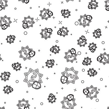 Siyah çizgi Uv koruma simgesi beyaz arkaplanda izole edilmiş pürüzsüz desen. Güneş ve kalkan. Ultra menekşe ışınları radyasyon. Güneş ışığı işareti. Vektör İllüstrasyonu