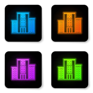 Beyaz arka plan üzerinde izole çapraz simge ile Parlayan neon Tıp hastane binası. Tıp merkezi. Sağlık. Siyah kare düğme. Vektör İllüstrasyonu