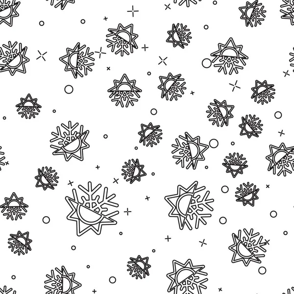 Ligne noire Symbole chaud et froid. Icône soleil et flocon de neige isolé motif sans couture sur fond blanc. Symbole d'hiver et d'été. Illustration vectorielle — Image vectorielle