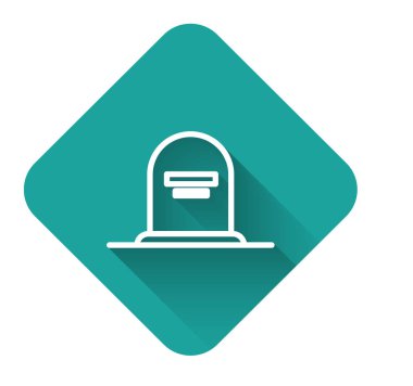 Üzerinde Rip yazan beyaz çizgi Tombstone uzun gölgeli bir simge. Mezar ikonu. Yeşil kare düğmesi. Vektör İllüstrasyonu